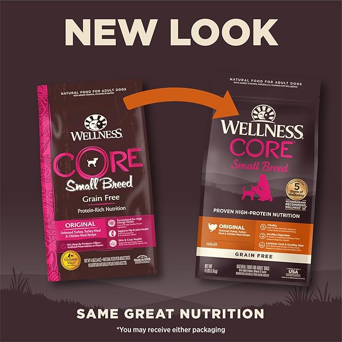 Wellness Natural Pet Food CORE Grain-Free High-Protein Small Breed Dry Dog Food, Natural Ingredients, Made in USA with Real Meat (Adult, Turkey, 4-Pound Bag) - PAWPICO