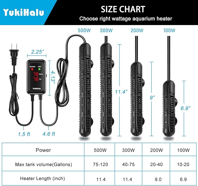 YukiHalu Aquarium Heater 50/100/200/300/500W with Protective Case, Fish Tank Heater, Temperature Adjustable, External Temperature Controller, LED Display, Used for 10/20/40/75/120 Gallons (100W) YukiHalu