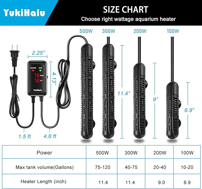 YukiHalu Aquarium Heater 50/100/200/300/500W with Protective Case, Fish Tank Heater, Temperature Adjustable, External Temperature Controller, LED Display, Used for 10/20/40/75/120 Gallons (500W) YukiHalu