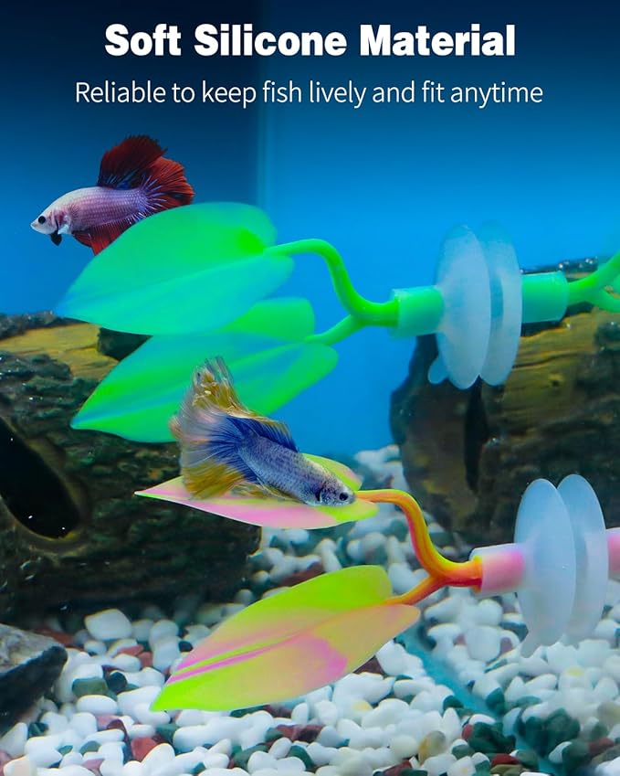 Uniclife Betta Leaf Hammock Aquarium Rest Bed Fish Breeding Playing Pad with Suction Cup Soft Lifelike Leaf Ornament Colorful Silicone Leaf Decoration for Fish Tank Landscape (Green & Orange), 2 Pack UnicLife