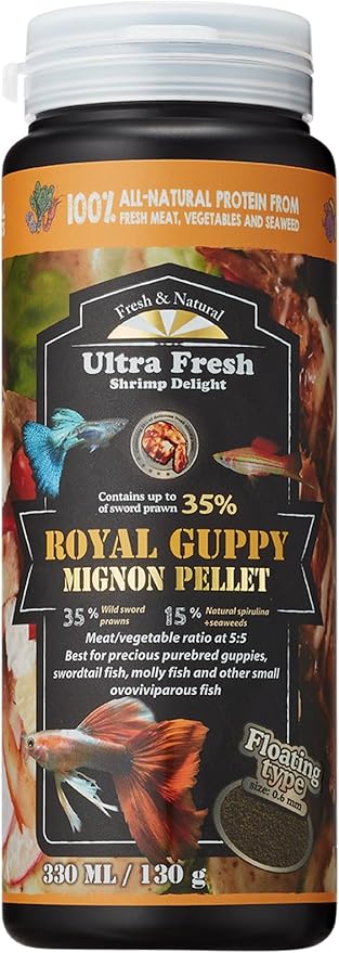 Ultra Fresh Royal Guppy Mignon Pellet, All Natural Guppy Food, Sword Prawns, Spirulina, Seaweeds, Highly Nutritious, for Cleaner Water and More Vibrant Color 4.6 oz UltraFresh-ShrimpDelight