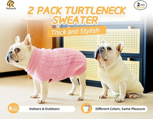 2 Pack Dog Sweaters for Small Dogs - Puppy Medium/Large Warm Clothes in Winter, Turtleneck Pullover Design for Boy Girl Pet, Doggie, Cat, Kitten Chihuahua Bulldog Pug Beagles (L, Pink, Beige) - PAWPICO