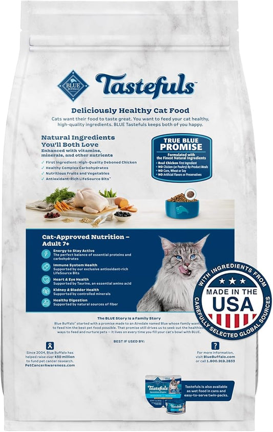 Blue Buffalo Tastefuls Mature Dry Cat Food for Adult Cats 7+, Made in the USA with Natural Ingredients, Chicken & Brown Rice Recipe, 3-lb. Bag - PAWPICO