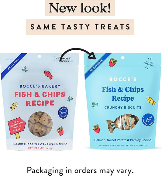 Bocce's Bakery Fish & Chips Treats for Dogs - Special Edition Wheat-Free Dog Treats, Made with Real Ingredients, Baked in The USA, All-Natural Salmon & Sweet Potato Biscuits, 5 oz - PAWPICO