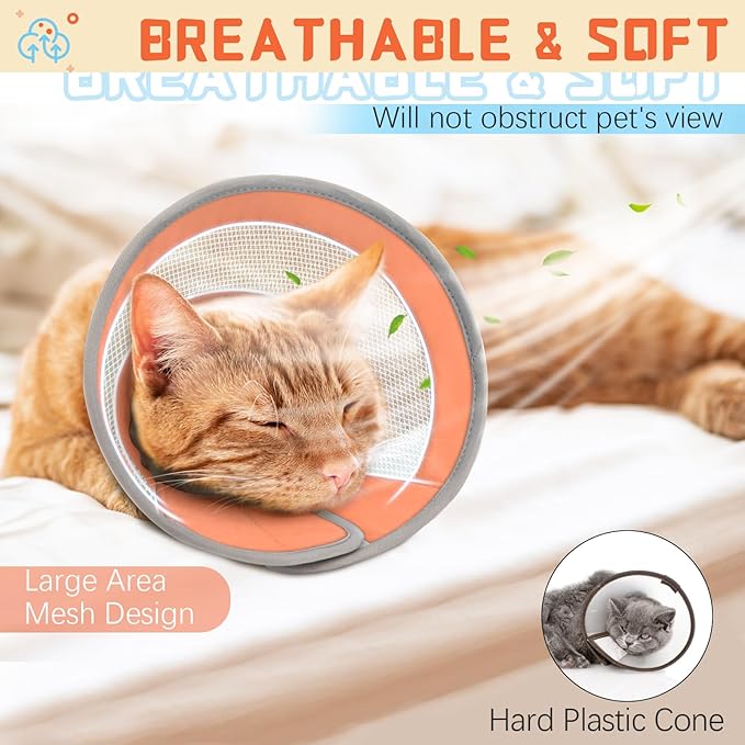 Cat Cone, Breathable Cat Cone Collar Soft, Adjustable Cat Cone to Stop Licking, Water Resistant Neck Cone for Cats with Air Mesh, Protective Cat Recovery E Collar for Cat Kitten(Orange, M-3 GoGoPaw