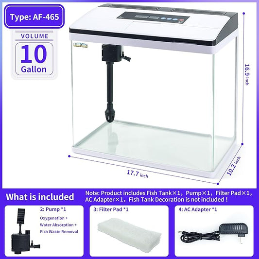 Glass 10 Gallon Aquarium Fish Tank Starter Kit with Temperature and Time Display for Betta Fish Featuring Crystal Clear 360° Viewing, Eco-Cycle Filtration, Air Pump Bluecoco