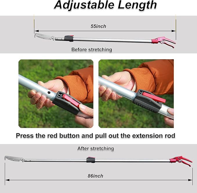 86.6" Heavy Duty Snake Tongs with Telescopic Pole Reptile Grabber Catcher BBQ Fireplace Log Picker, Extra Flashlight & Non-slip Straps Included Surnuo