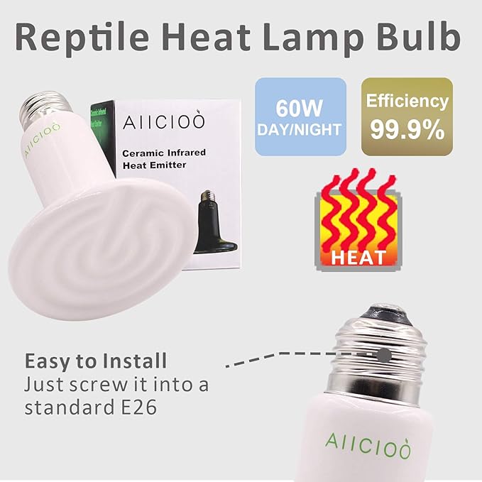 Reptile Heat Lamp Bulb -60W Ceramic Heat Emitter No Harm No Light Infrared Heater Lamp for Chicken Coop Lizard Aquarium Snake Outside Dogs Brooder 110V,White AIICIOO