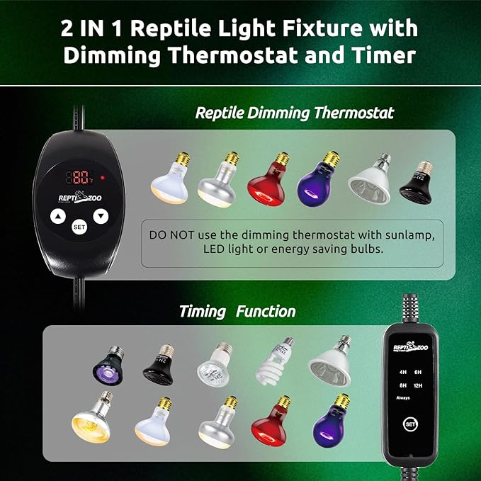 REPTIZOO Dual Reptile Light Fixture with Dimming Thermostat and Timer, Deep Dome Lamp Fixture with Independent Reptile Dimming Thermostat Heat Bulb Temperature Controller and Timing Function REPTIZOO