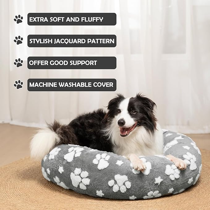 Donut Dog Beds for Small Dogs, Calming Round Cat Beds for Indoor Cats, Cute 3D Textured Paw Pet Bed with Removable Washable Cover and Anti-Slip Bottom(Grey,23") - PAWPICO