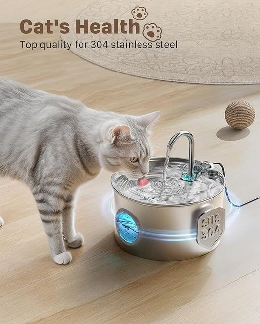 Cat Water Fountain Stainless Steel: Cat Fountain for Drinking - Pet Water Fountain for Cats Inside - 74oz/2.2L Quiet Cat Water Bowl Dispenser - Cat Drinking Fountains - Contains 6 Filters + 3 Sponges - PAWPICO