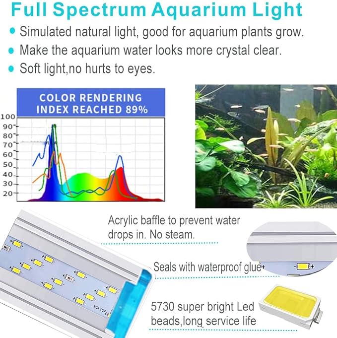 Bright Classic LED Aquarium Light, Reef Plant Fish Tank Light with Extendable Brackets, Aquatic Plant Growth Lamp White and Blue LEDs JackSuperAquariumPetsFocus