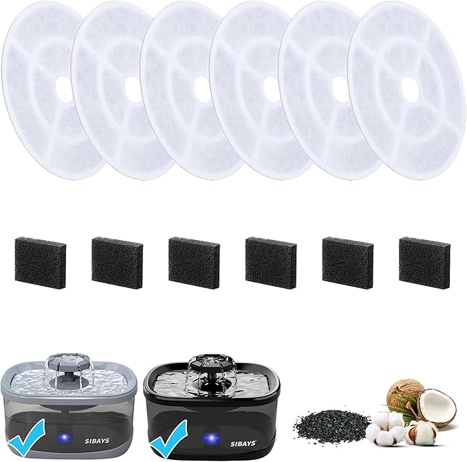 SIBAYS 6 Pack 7" Large Size Activated Carbon Cat Water Fountain F-ilters Replacement 300oz/9L Water Fountain with 5 Layers F-iltration System Pet Water Fountains,Coconut Shell and PP Cotton - PAWPICO
