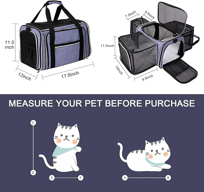 BAGLHER Cat Carrier Bag,Airline Approved Pet Carrier Soft Side Pet Travel 5 Sides Open Doors 3 Sides Expandable Foldable Dog Carrier with Fleece Pad - PAWPICO