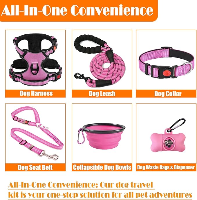 No Pull Dog Harness, Collar & Leash Set | Includes Dog Seat Belt, Collapsible Bowls & Poop Bag Dispenser. Ideal for Training, Walking, Hiking. Fits Small to Large Dogs(Pink-M) Lovebegetslove