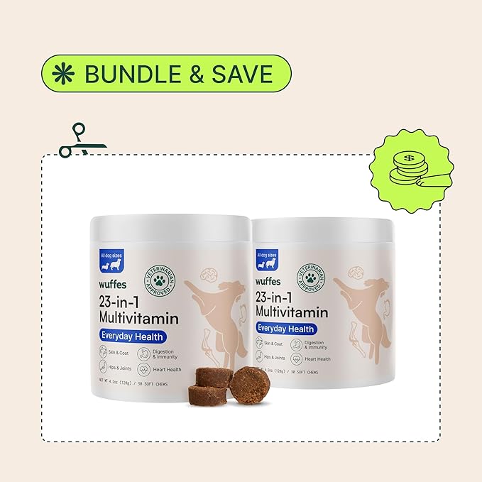 Wuffes 23-in-1 Chewable Dog Multivitamin&Supplements Bundle - Dog Multivitamin for Small&Large Breed - 2 Pack - 60 Count Wuffes