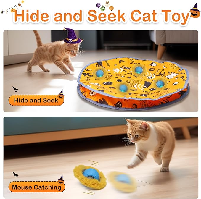 Interactive Cat Toys Ball Fast Rolling in Pouch, Motion Activate Chirping Cat Toy Hide and Seek Mouse Catching Game (Halloween Party) - PAWPICO