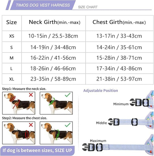 Timos Dog Harness, NO Need Go Over Dogs Head 3 Snap Buckles Pet Harness with 2 Leash Clips, Adjustable Soft Padded No-Pull Dog Harness, Reflective No-Choke Pet Oxford Vest for Small Medium Large Dogs Timos