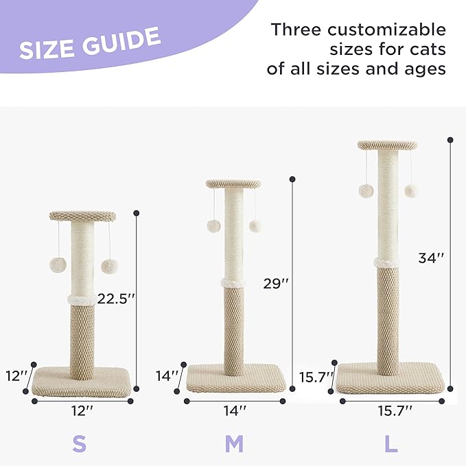 Lesure 34" Tall Cat Scratching Post - Premium Sisal Rope Highly Resistant Carpet Scratching Posts for Indoor Cats Adults, Sturdy Large Cat Scratch Pole with Hanging Ball, Beige(34 inch) - PAWPICO