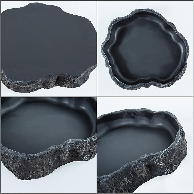 2 Pack Large Reptile Food Bowl and Water Bowl Set, Drowning Prevention Reptile Water Dish and Reptile Food Dish with Simulated Rockery, Reptile Feeder Terrarium Decoration Bowls REPTIZOO