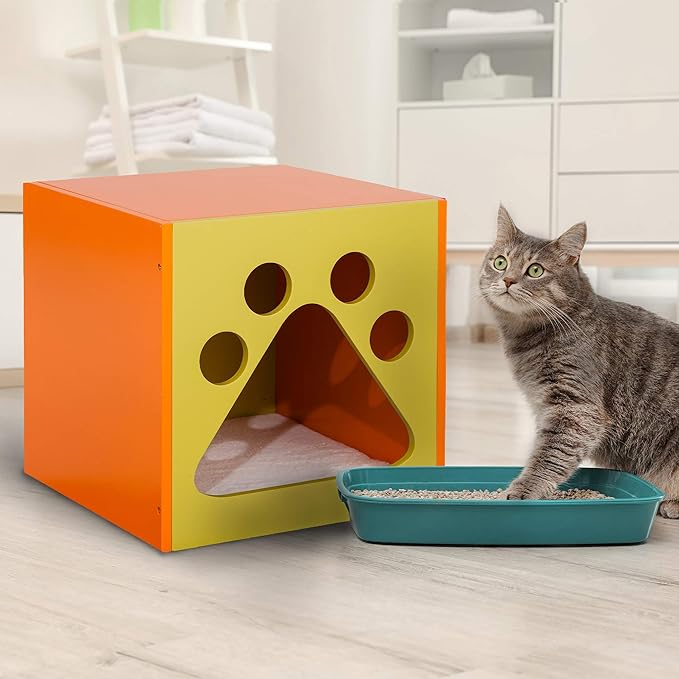 Elegant Home Fashions Cat Cuddle Box Pet House with Paw Design Orange and Yellow Finish (PET-985) - PAWPICO