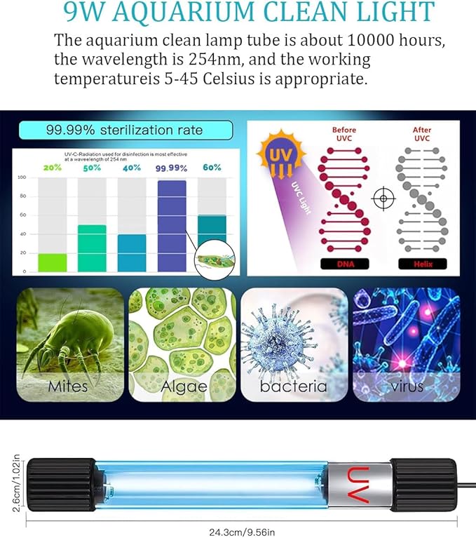 KINGYEENUO Aquarium Blue Light, 9W Submersible Aquarium Light, Fish Tank Light with Timer, Submersible Waterproof Lamp for Filter Tank Sump Swim Pool KINGYEENUO