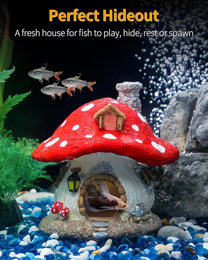 Uniclife Aquarium Mushroom House, Resin Fish Tank Decoration Cottage Ornament for Fish Tank Landscape Aquarium Hideout Hideaway Spawning Cave Decor for Shrimp Betta Goldfish and Reptiles UnicLife
