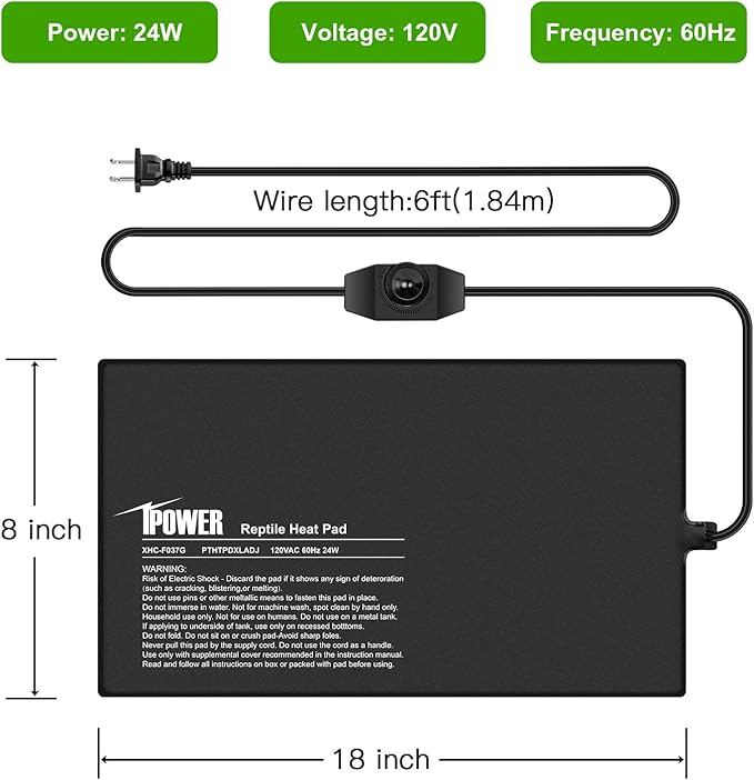 iPower 8 by 18 Inch Reptile Heating Pad with Temperature Adjustable Controller Knob, Under Tank Warmer Terrarium Heat Mat for Reptiles and Amphibians iPower