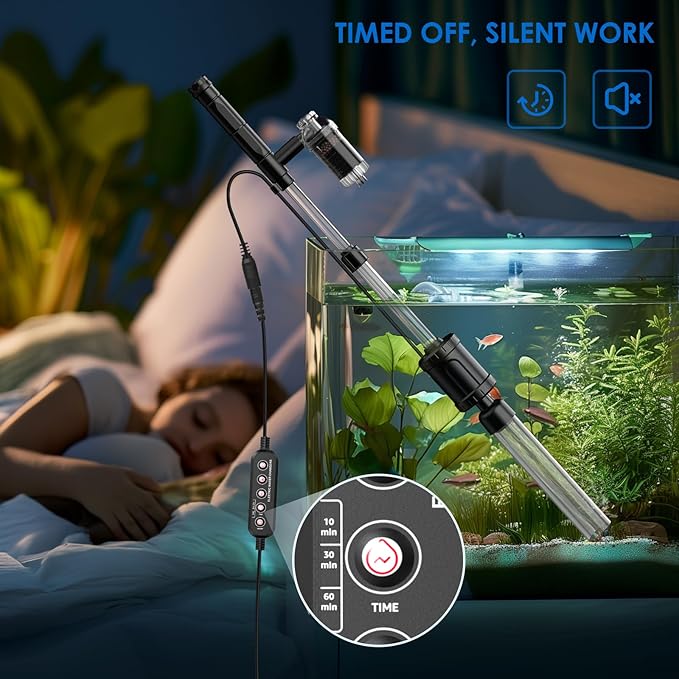36W Fish Tank Vacuum Gravel Cleaner Electric: Aquarium Vacuum Gravel Cleaner with Strong Suction for Automatic Water Change Algae Cleaner Sand Wash Water Circulation and Water Shower, Timed Off Suness
