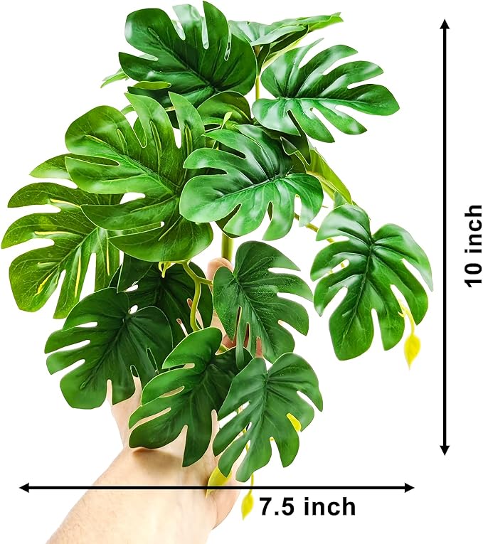 Woyrise Reptile Plants for Terrarium, Artificial Hanging Plants with Suction Cups, Amphibian Tank Habitat Decor Plastic Plant for Bearded Dragons Lizards Snake Geckos Frogs - 2Pack Fake Monstera Woyrise