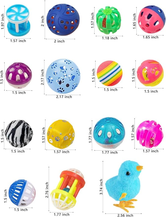 Cat Toys, 15 Pieces Set, Includes Kitten Toys, Like Plush Balls and a Mechanical Chick, Bell Balls, and Soft Toys for Indoor Cats to Play and Stay Active, Safe Materials for Hours of Fun - PAWPICO