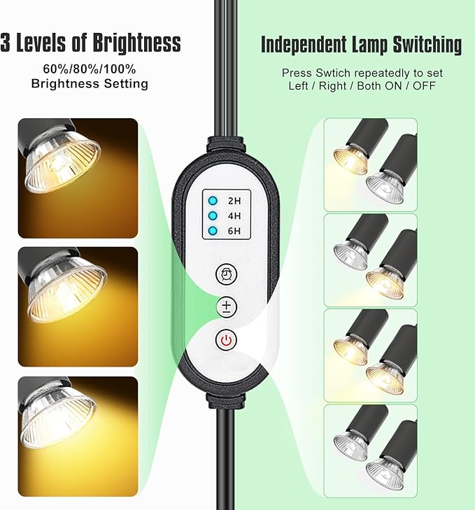 Reptile Heat Lamp, Dual-Head UVA/B Reptile Light with Cycle Timer, Basking Light for Reptile Turtle Bearded Dragon Lizards Snake, E26/27 Base with 4 Bulbs (2PCS 25W and 2PCS 50W) DTZYServiceforYourLife