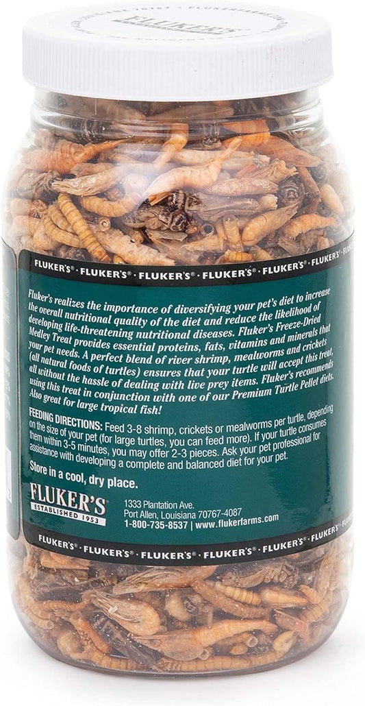 Fluker's Aquatic Turtle Food, Vitamin, Enriched Medley Treats of Freeze, Dried River Shrimp, Mealworms, and Crickets, 2.9 oz Flukers