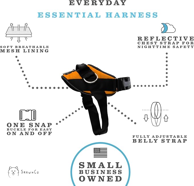 ShawnCo Essential Dog Harness, No-Pull Pet Vest with 3 Leash Clips, No Choke, Reflective, Adjustable and Padded, for Easy Walking and Training for Small, Medium and Large Dogs (Sunset Orange, S) SHAWNCO