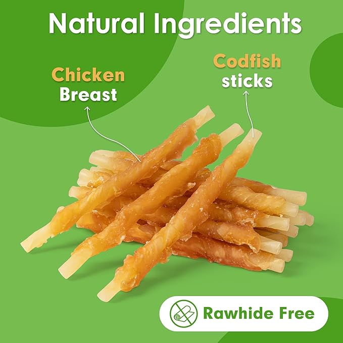 MON2SUN Rawhide Free Dog Treats Chicken Wrapped Cod Sticks for Small Dogs Healthy Training Treats Soft Dog Snacks (14.11 Ounce -Pack of 1) - PAWPICO