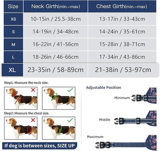 Timos Dog Harness for Large Dog, No Pull Service Vest with Reflective Strips and Control Handle,No Choke Dog Harness with 2 Metal Rings for Easy Walking,Outdoor Training,Flower Blue, XL Timos