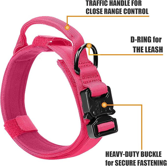 Tactical Dog Collar Military Dog Collar Adjustable Nylon Dog Collar Heavy Duty Metal Buckle with Handle for Dog Training,with Patches(Pink(1PCS), M) Celifelight