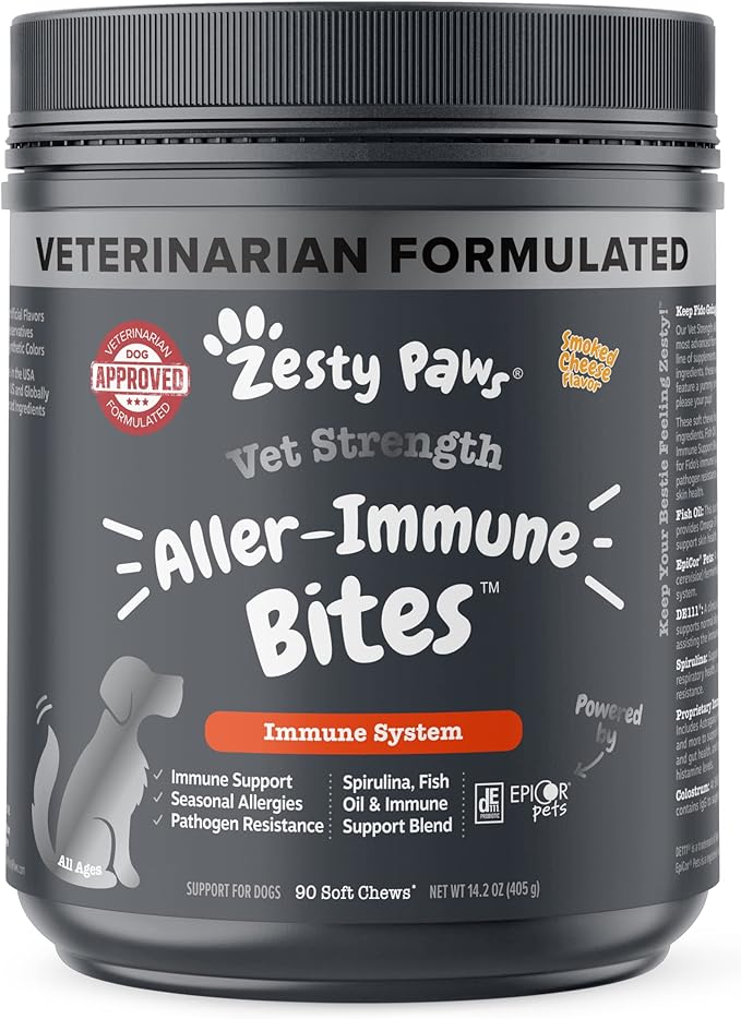 Zesty Paws Dog Allergy Relief - Dog Itching Skin Relief - Dog Probiotics for Itchy Skin and Itchy Ears - Dog Allergy Chews - Dog Itch Relief - Dog Skin Allergy Relief - VS - Cheese - 90ct ZestyPaws