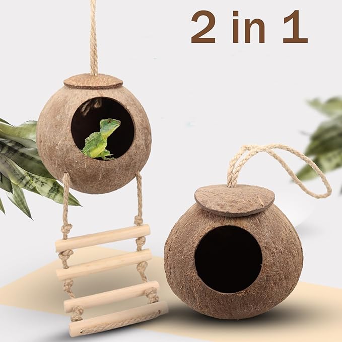 Crested Gecko Tank Accessories, Reptile Hammock and Vines Plants, Coco Hut Coconut Shell with Ladder Hideout Cave Habitat Decor for Lizard Leopard Gecko Tortoise Amphibians Hermit Crab BUYNOW