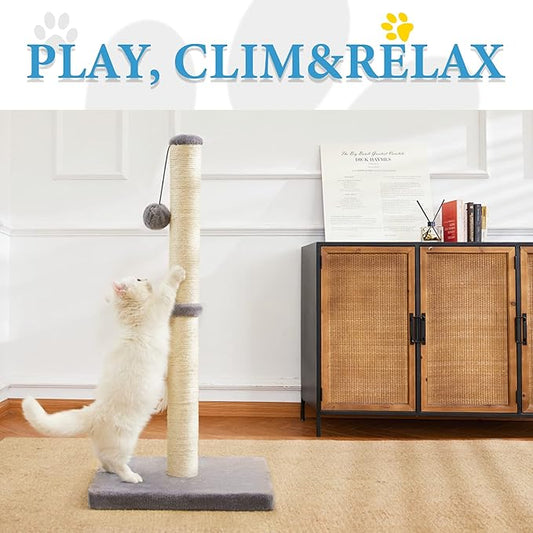MeowHomm 32'' Tall Cat Scratching Post Cat Scratcher with Hanging Ball, Durable Cat Scratching Post for Indoor with Sisal Rope (Gray) - PAWPICO