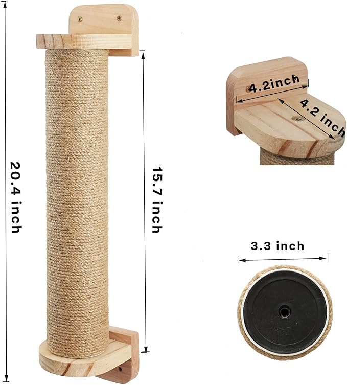 Wall Mounted Cat Scratching Posts for Cats and Kittens - Indoor Cat Activity Tree with Jute Rope Scratcher, Solid Wood Cat Wall Furniture - PAWPICO
