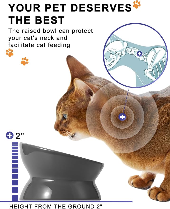 Y YHY Raised Cat Food Bowl, Ceramic Elevated Cat Bowl, Title Angle Protect Cat's Spine, Anti Vomiting Cat Dish, Backflow Prevention, Grey - PAWPICO