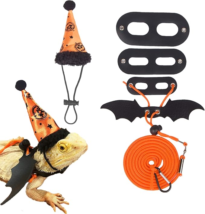 ADOGGYGO Halloween Bearded Dragon Lizard Leash Harness Hat Set - Bearded Dragon Clothe Halloween Pumpkin Hat + 3 Pack Reptile Harness Leash for Bearded Dragon Lizard Reptile (Halloween) ADOGGYGO