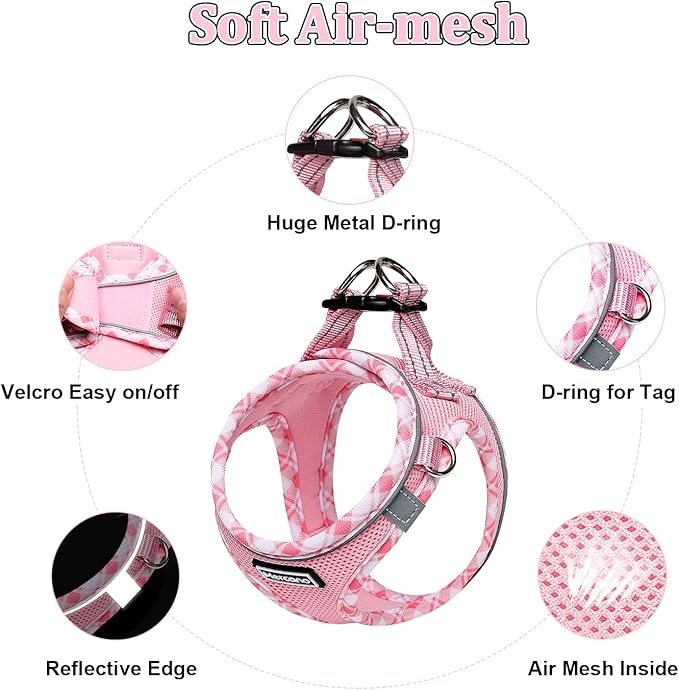 Mercano Soft Mesh Dog Harness and Leash Set, No-Chock Step-in Reflective Breathable Lightweight Easy Walk Escape Proof Vest Harnesses with Safety Buckle for Small Medium Dogs, Cats (Pink, XS) PAWPICO