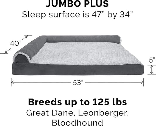 Furhaven Orthopedic Dog Bed for Large Dogs w/ Removable Bolsters & Washable Cover, For Dogs Up to 125 lbs - Two-Tone Plush Faux Fur & Suede L Shaped Chaise - Stone Gray, Jumbo Plus/XXL - PAWPICO