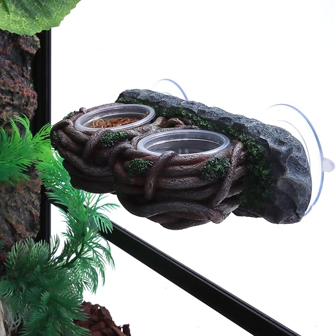 AIICIOO Crested Gecko Feeding Ledge Double Bowl Reptile Vine Food Ledge with 4 PCS Cup Corner Water Bowl for Lizard Snake Bearded Dragon Frog Turtle Terrarium Tank Decor AIICIOO