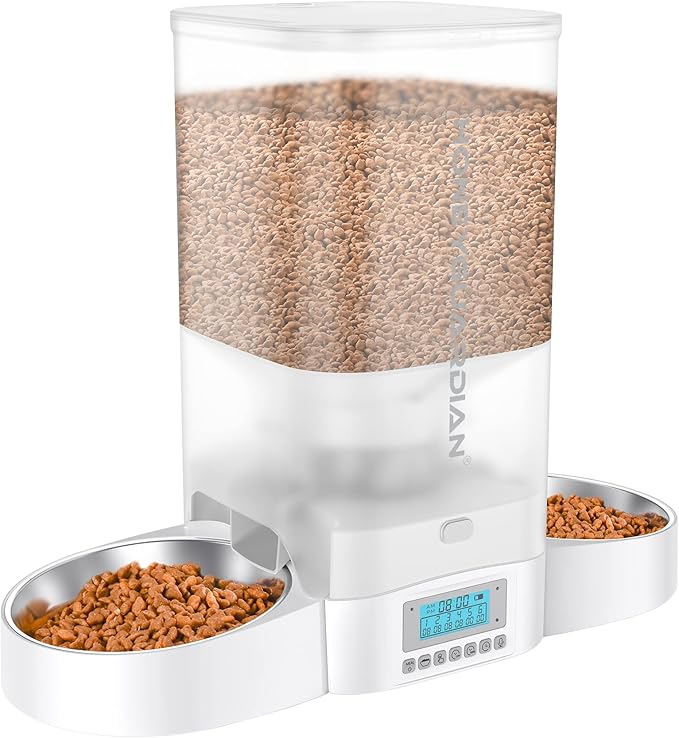 HoneyGuaridan Automatic Cat Feeder for Two Cats,5L Cat Food Dispenser with Stainless Steel Bowl,Timed Cat Feeder Programmable 1-6 Meals Control, Dual Power Supply,Desiccant Bag,10s Meal Call White - PAWPICO