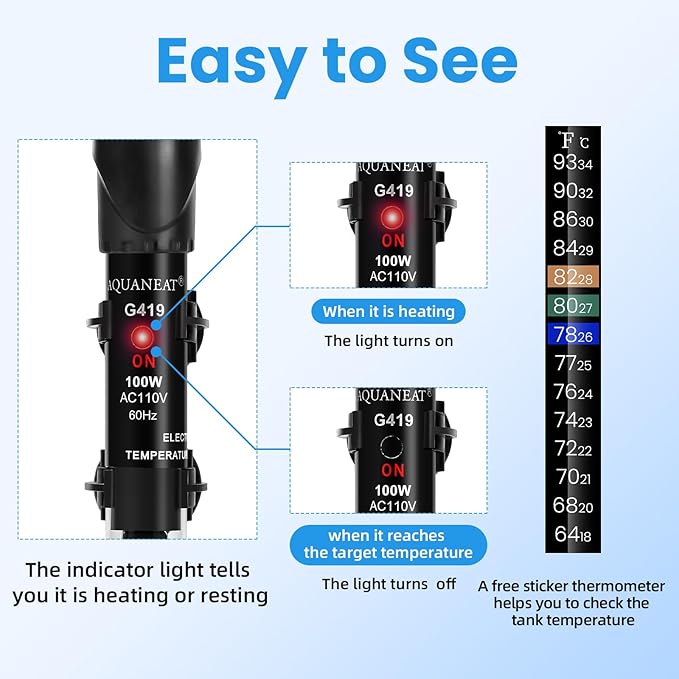 AQUANEAT Aquarium Heater, 100W Fish Tank Heater, Adjustable Submersible Water Thermostat with Thermometer Aquaneat