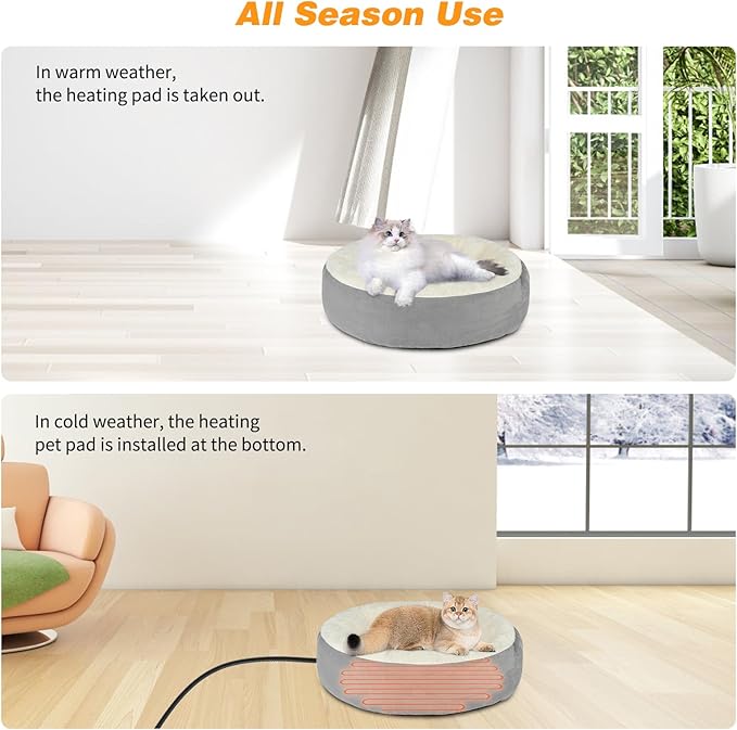 BWOGUE Heated Cat Bed for Indoor Cats,19'' Donut Detachable Heated Pet Bed Thermo-Kitty Heating Bed,Electric Warming Cat Bed Heater with Timer, Washable pet Heating Bed - PAWPICO