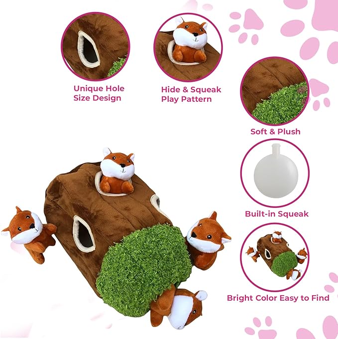 Fox in Tree Hide and Seek Dog Toy for Small and Medium Size Dogs, Plush Fox Inside Trunk Dog Toy with Squeaker, Interactive Burrow Dog Toy (Tree with Fox, Small) - PAWPICO